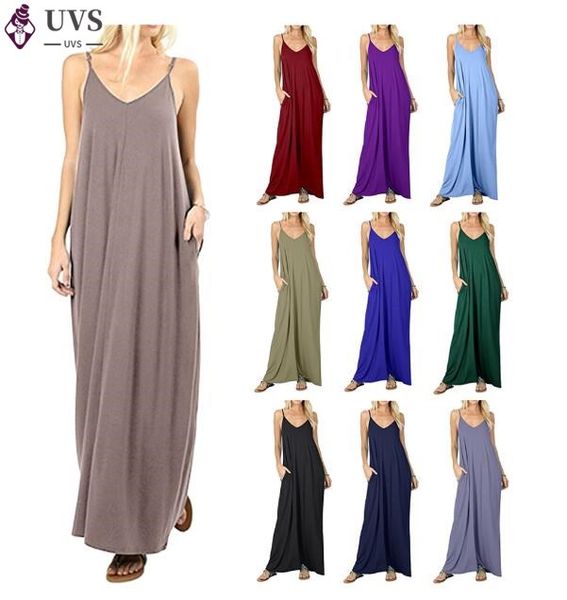 

2020 summer women fashion maxi dress with pockets lady sleeveless v-neck vest loose sling long dress, Black;gray