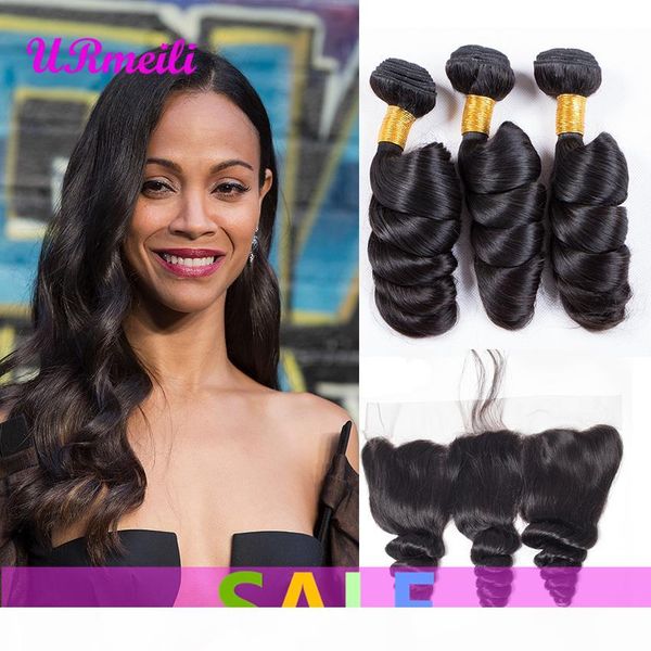 

loose wave 3 4 bundles with frontal closure peruvian virgin hair weave loose wave remy human hair weave 13x4 lace frontal with bundles, Black;brown