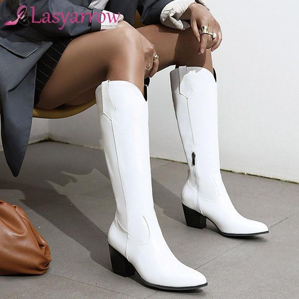 

lasyarrow concise side zipper women's knee high boots fashion winter pointed toe thick heels pumps wedding shoes woman1, Black