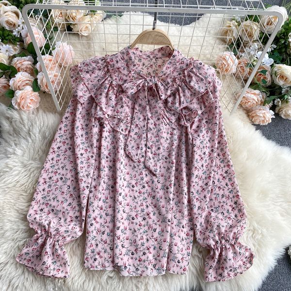 

2021 new floral singiny female blouse sweet design bow collar sleeves autumn blouses boho print loose 8zm3, White