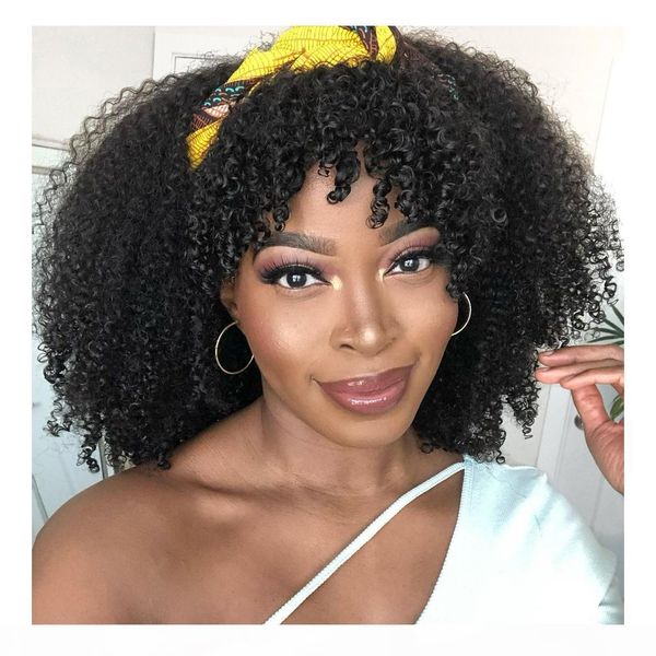 

mongolian virgin hair half wig bang afro kinky curly human hair headband wig for black women with bangs 150%density, Black;brown