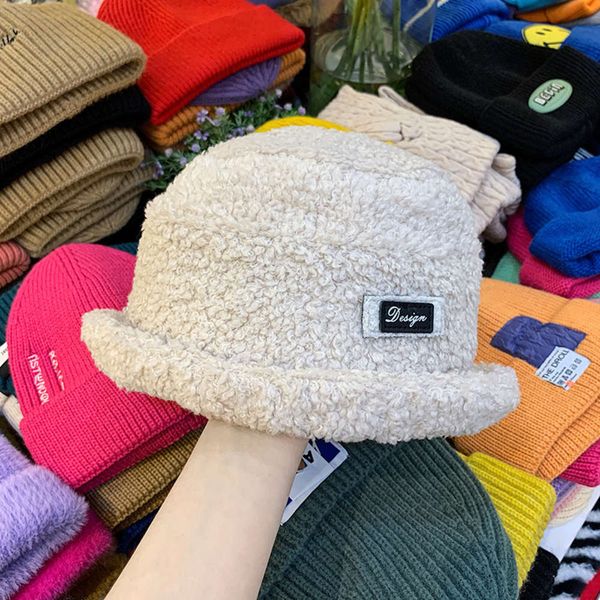 

imitation korean version versatile lamb plush fisherman's children's autumn and winter warm ear protection tide thickened basin ha, Blue;gray