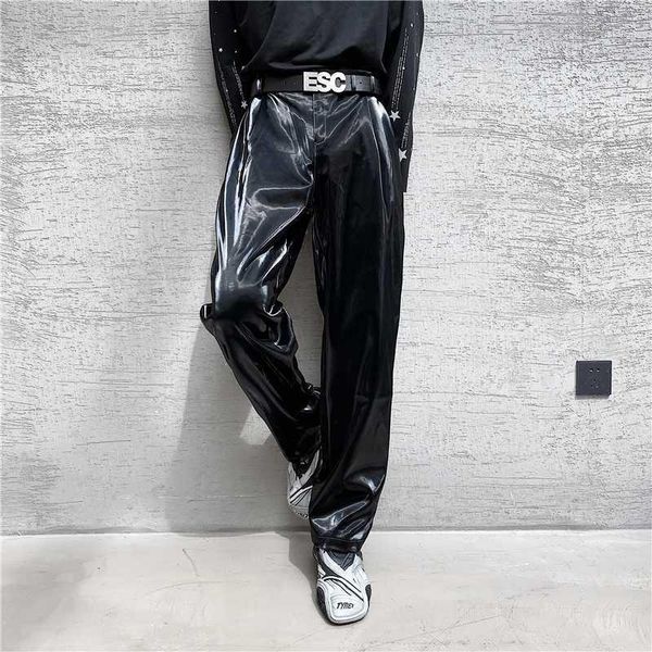 

male vintage streetwear hip hop gothic stage fashion show trousers men bright leather casual straight pant1, White;black