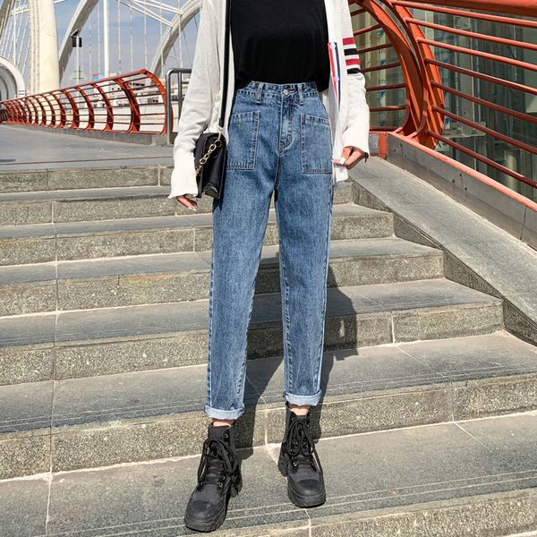 

vintage high waist straight jeans for women harajuku baggy denim harem pants washed boyfriend streetwear trousers female y1214, Blue