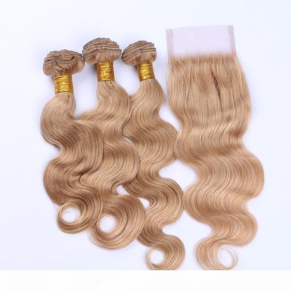 

brazilian body wavy blonde human hair with closure 4pcs brazilian honey blonde hair 3bundles with body wave 4x4 lace closure with baby hair, Black;brown