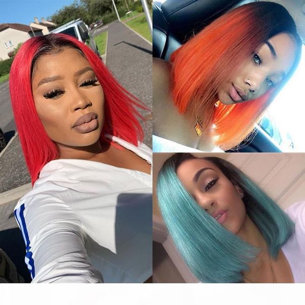 

ombre ginger orange 13*4 lace front human hair wigs for women 130% blonde brazilian remy hair pink blue straight short bob wig, Black