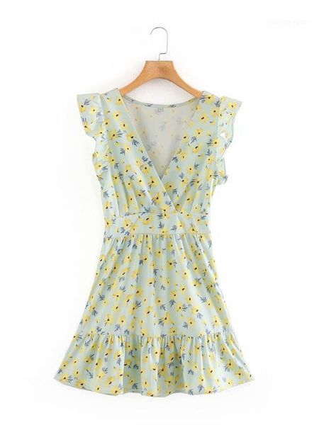 

casual dresses biaoruina women's french style floral printing mini dress short sleeve ruffles v-neck high waist female summer sweet dre, Black;gray