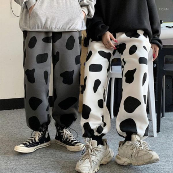 

milk cow animal print trend pants fashion harajuku high waist trousers ladies casual street loose pants women add velvet 20201, Black;white