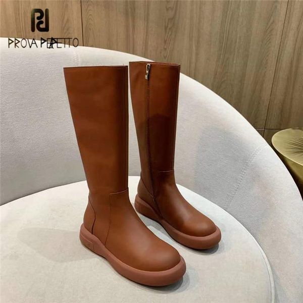 

prova perfetto retro fashion genuine leather women's mid-calf boots solid color round toe zipper platform wearproof casual shoes, Black