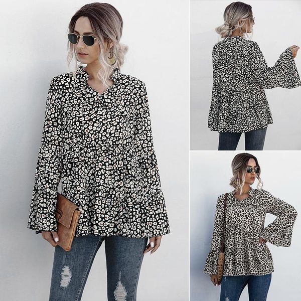 

women leopard print ruffle shirts casual ladies tunic vintage shirt1, White