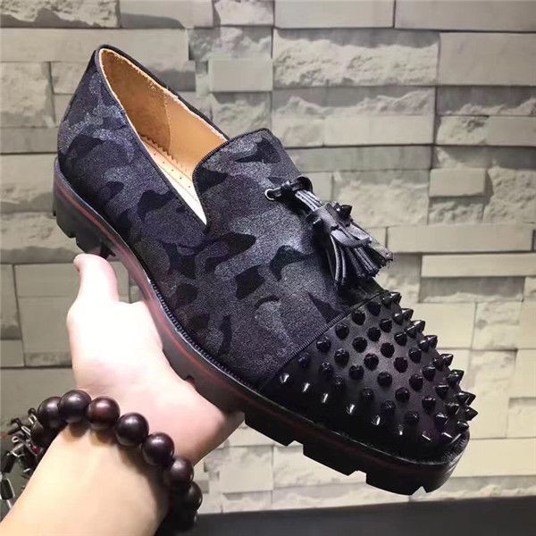 

designer shoes men blue patchwork tassel shoes spikes studded lowslip on mixed color loafers anti-skid men casual shoes siz, Black
