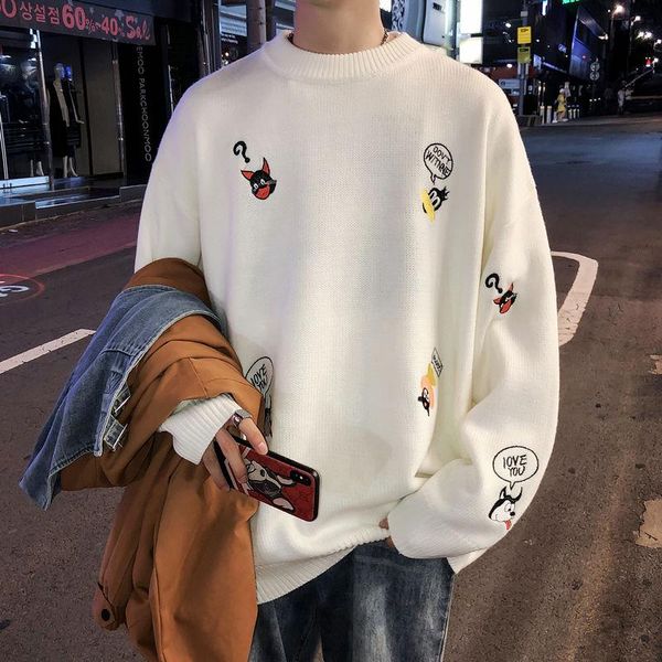 

2020 sweater men's korean version of the trend loose knit sweater men's harbor wind winter students warm tie bottom, White;black
