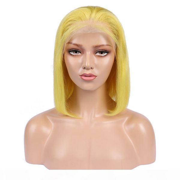 

yellow colored virgin indian lace front human hair wigs for women straight short bob wigs pure yellow full lace wigs glueless 130 density, Black;brown
