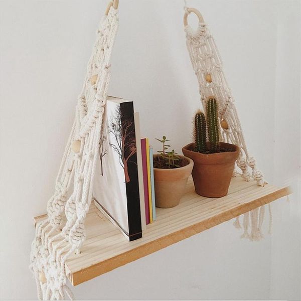

macrame handmade floating hanging bohemian tassel stand rope racktapestry shelvesplant decor home wooden shelf wall wmttpe xhhair