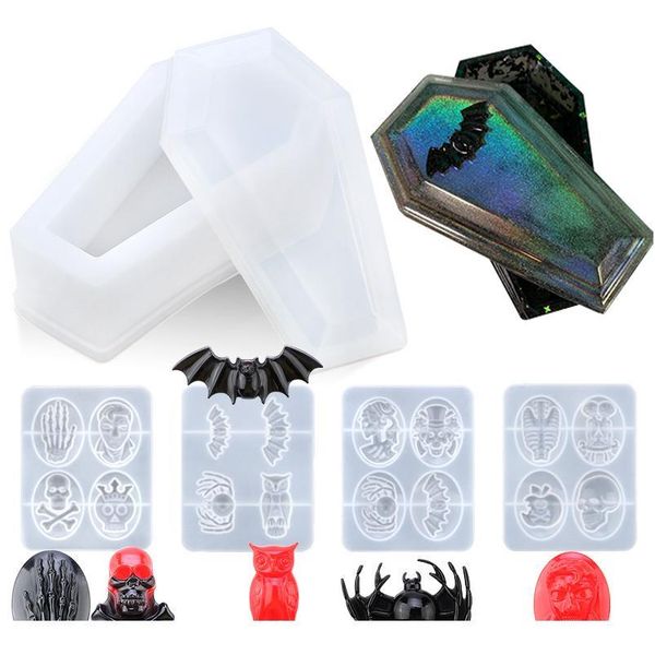 

coffin sile resin mold, halloween decoration casket resin casting molds box molds bat owl skull hands spider shape qylzlc, Black;white