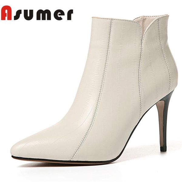 

boots asumer 2021 fashion ankle for women zip solid temperament high heels pointed toe genuine leather, Black