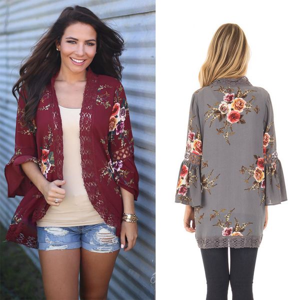 

new products of autumn and winter 2020 hollow lace lace splicing digital printed cardigan, Black;brown
