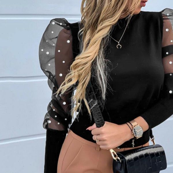 

womens sheer tee casual t shirts mesh slim fit t shirt long puff sleeve tee stretch pullover bodycon warm winter, White