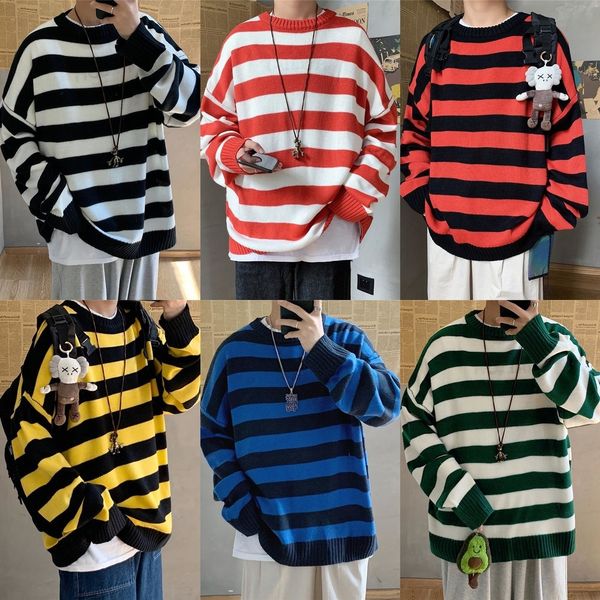 

pkyxj striped men's autumn and and thickened loose youth versatile fashion ins student winter t-shirt sweatersweater sweater t-shirt vc, White;black