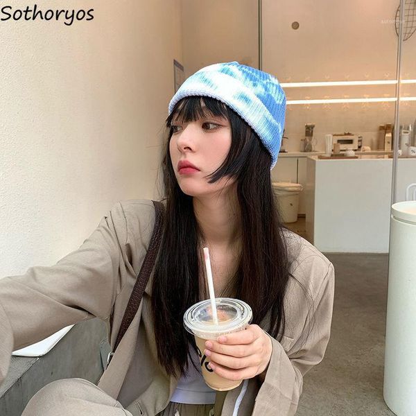 

beanies women winter knitted crochet ulzzang tie dye street fashion ins bonnet cap melon hats skullcap chic teens hip hop casual1, Blue;gray