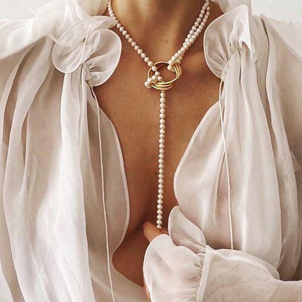 

european and american geometric metal pearl necklace woman fashion wild choker chain sweater chain, Golden;silver