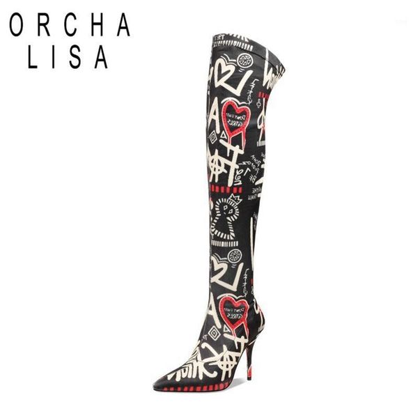 

boots orcha lisa shoes woman over the knee pointed toe thin high heels fashion party flower autmn c21081, Black