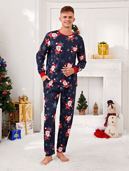

men christmas print contrast binding pj set m2dj#, Black;brown