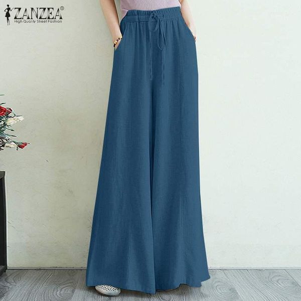 

zanzea high waist solid cotton linen trousers stylish women long wide leg pants autumn pantalon loose flare palazzo plus size1, Black;white