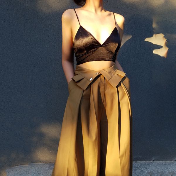 

[eam] high waist yellow long pleated split wide leg trousers new loose fit pants women fashion tide spring autumn 1m646 201112, Black;white