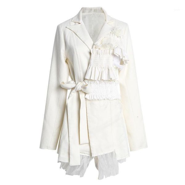 

ewq] full sleeve pleated patchwork fashion trend women trend coat feminino korea turn-down collar tie loose women jacket ql6521, Black;brown
