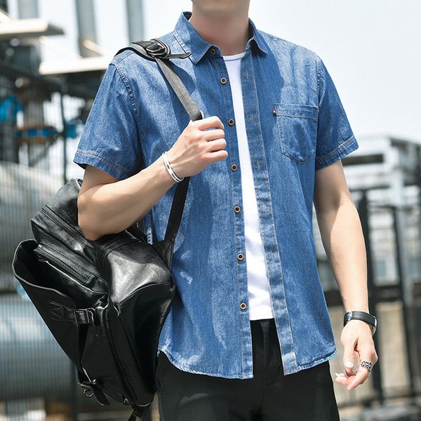 

2020 summer new cotton short sleeve men's casual denim shirt, White;black