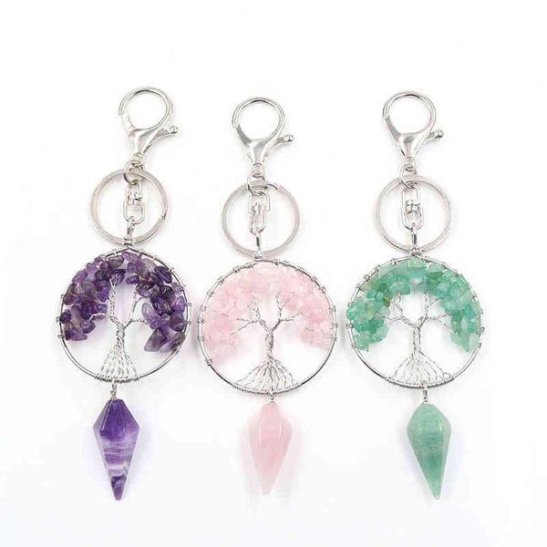 Pedra natural chaveiros Rocha Quartz Vida Árvore Amuleto Pendulum Ametistas Rosa Cristal Keyring Keyholder para Mulheres Cura