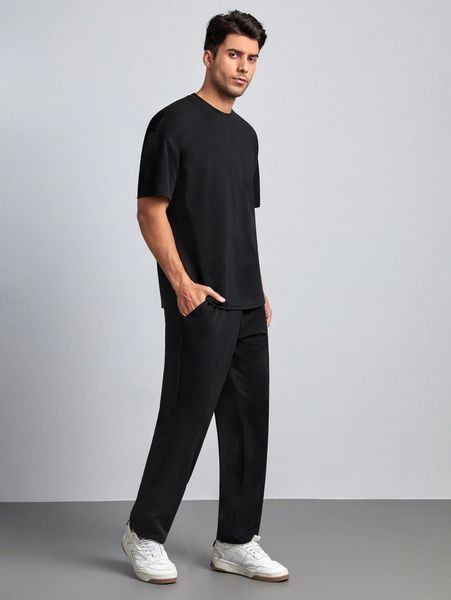 

men solid drop shoulder tee & pants set m9u4#, Gray