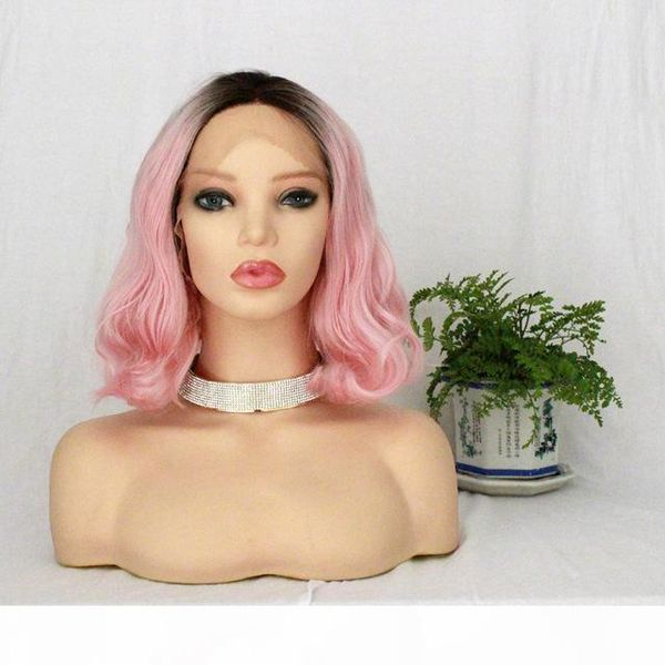 

colorful synthetic lace front wigs ombre pink dark root heat resistant synthetic hair short bob cut pink lace front wig for white women, Black;brown