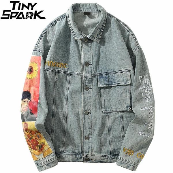 

men's jackets hip hop men denim harajuku streetwear vincent gogh painting print embroidery jean jacket coat washed cotton, Black;brown