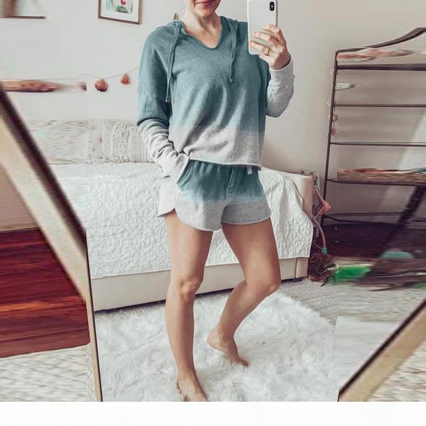 

2020 woman summer new sleepwear set tie-dye gradient print two piece pants long sleeve shorts polyester ladies tracksuit, White