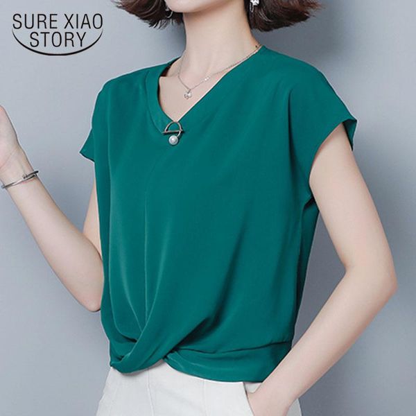 

2021 summer plus size irregular elegant chiffon shirt women solid loose bat short sleeve v-neck office lady blouse blusa 9051 50, White