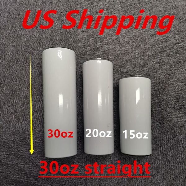 Armazém local! Submblimação de 30oz reto Skinny Straight Tumblers Duplo Wall Vácuo Copos de Aço Inoxidável Garrafas de Água Beber Canecas A12