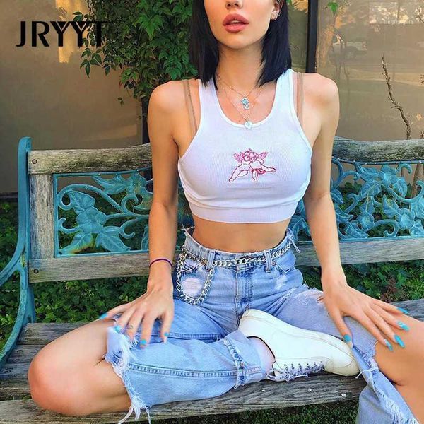 

jryyt funny cartoon embroidery tank women summer slim fit crop female knitted cotton white mujer streetwear 20201