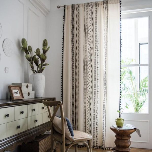 

geometric print curtains tassel trim bedroom long sheer linen cotton natural curtain living room cortina window decor zc109