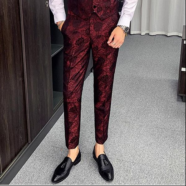 

casual business suit pants men 2021 jacquard pants mens personality stage show trousers dress pants slim fit mens vintage, Black