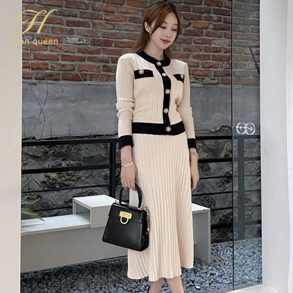 

h han queen новый свитер 2 шт набор женщин 2020 осень с длинным рукавом кардиган и плиссированные юбки корейский chic тонкий наборы непостоя, Gray