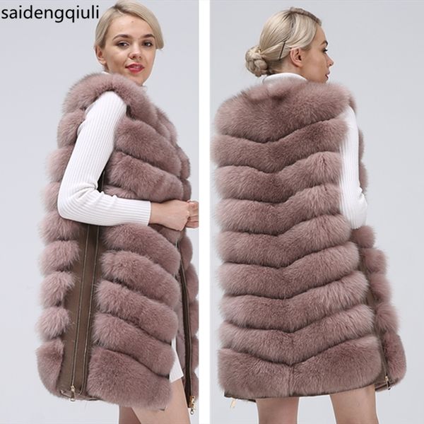 

natural women's fox fur coat vest new zipper long coat winter warm coat natural fur true fox vest jacket 201112, Black
