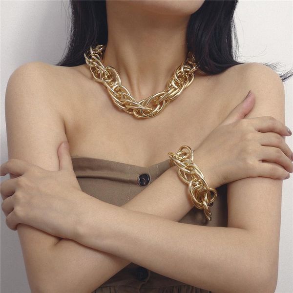 

luokey fashion chunky necklace geometric gold color thick chain necklace for women party trendy female metal punk choker jewelry, Golden;silver