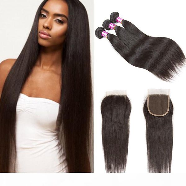 

raw indian virgin human hair straight bundles with lace closure unprocessed brazilian peruvian malaysian human hair extensions with 3 bundle, Black;brown