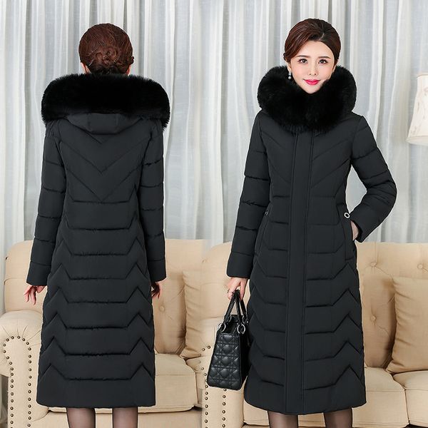 

size down cotton padded jacket women's middle long style hooded big hair collar middle-aged and old mother winter new fashion, Black