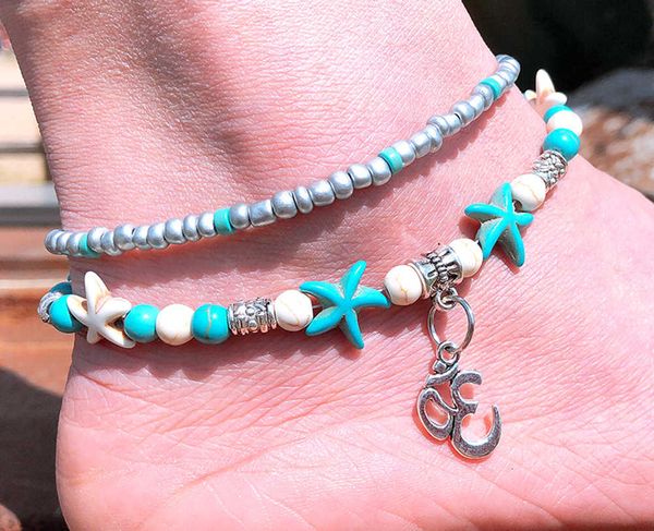 

turtles imitation charms fashion pearls starfish sea bracelets anklets for women bohemian summer foot chain jewelry gifts, Red;blue