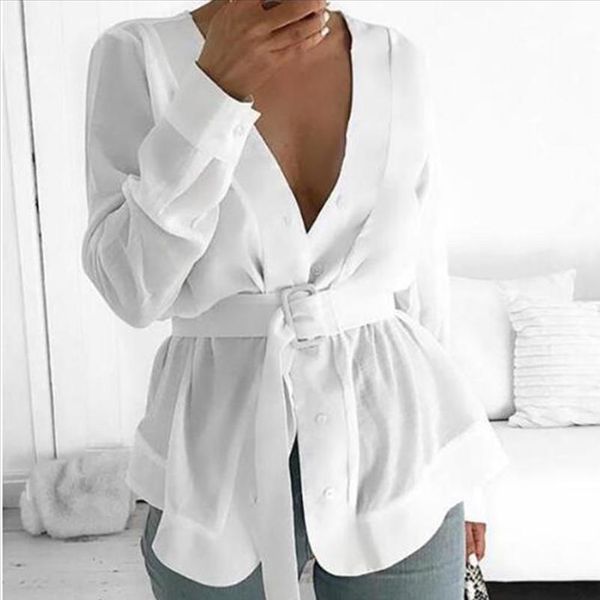 

fashion office shirt womens autumn blouse long sleeve v neck solid shirt with belt loose long blouse 2021 new sale, White