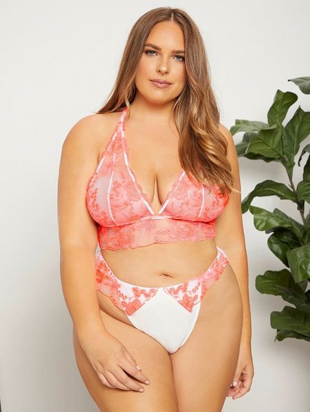 

plus floral embroidery mesh lingerie set l9bq#, Black;white