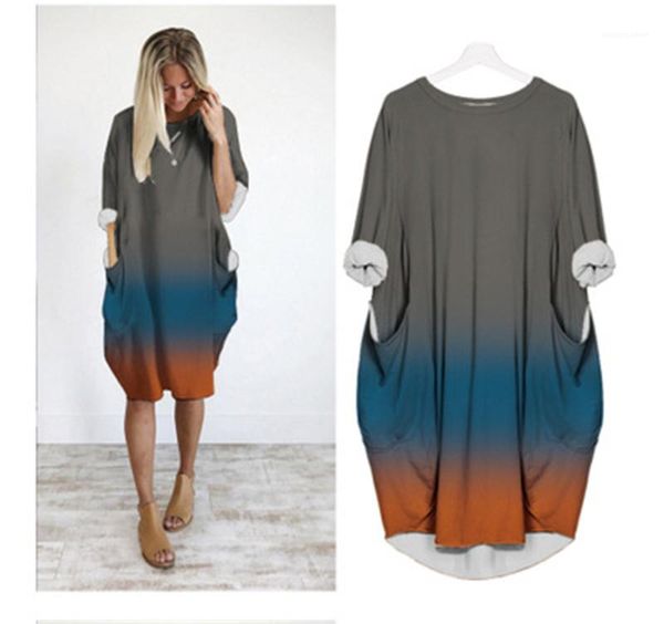 

printing dress female plus size pocket dresses gradient women long sleeve dress fashion designer new casual loose round neck, Black;gray